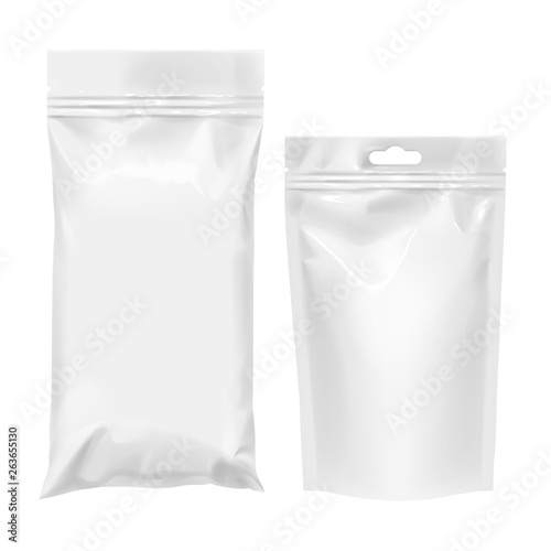 Flexible bag of Foil. Food snack pillow Realistic package. Polyethylene packing of goods. Mock up for brand template. vector illustration.