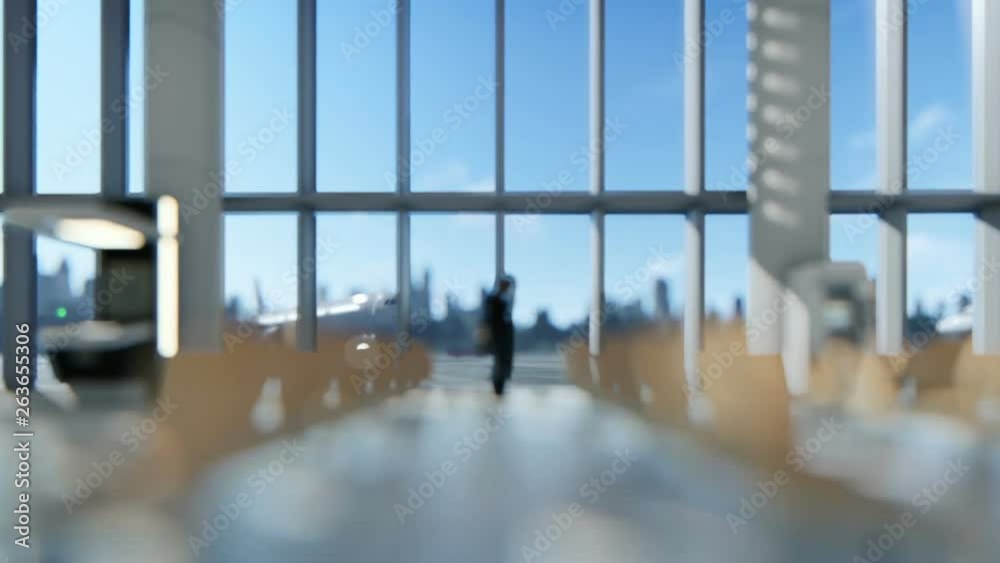 Passenger waiting in airport terminal, airplane parking against city skyline, shallow depth of field Passenger waiting in airport terminal, airplane parking against city skyline, shallow depth of field