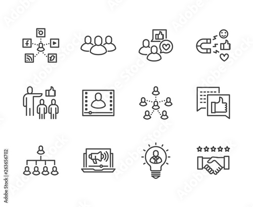 Key Opinion Leader flat line icons set. Influence marketing, social media advertising, business people, blogger vector illustrations. Thin signs for KOL. Pixel perfect 64x64. Editable Strokes