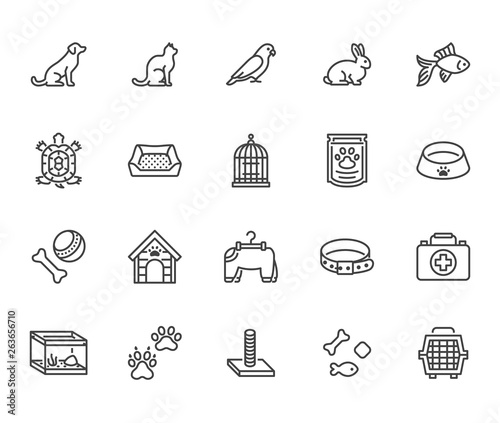 Pet shop flat line icons set. Dog carrier, cat scratcher, bird cage, rabbit, fish aquarium, pets paw, collar vector illustrations. Thin signs for veterinary. Pixel perfect 64x64. Editable Strokes