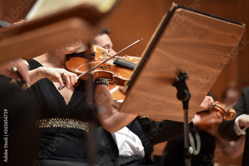 Violin players hand detail during philharmonic orchestra performance