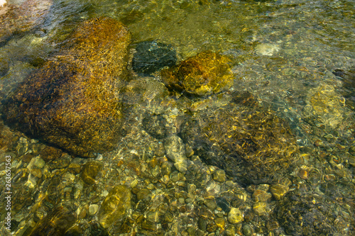 Beautiful crystal clear water spring for swimming with rocks and mountain