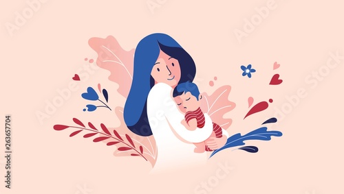 Vector Illustration Of Mother Holding Baby Son In Arms. Floral Background.