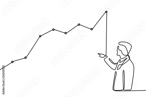 businessman points to growth statistics. Annual statistics. Continuous line drawing of success in business concept .Financial charts theme of a faceless man pointing at a graph.