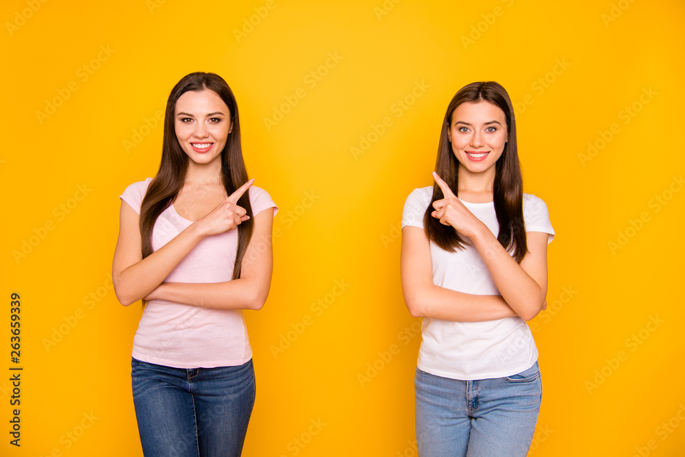 Portrait of nice cute charming lovely sweet attractive cheerful cheery straight-haired ladies pointing forefingers up isolated over bright vivid shine background Portrait of nice cute charming lovely sweet attractive cheerful cheery straight-haired ladies pointing forefingers up isolated over bright vivid shine background