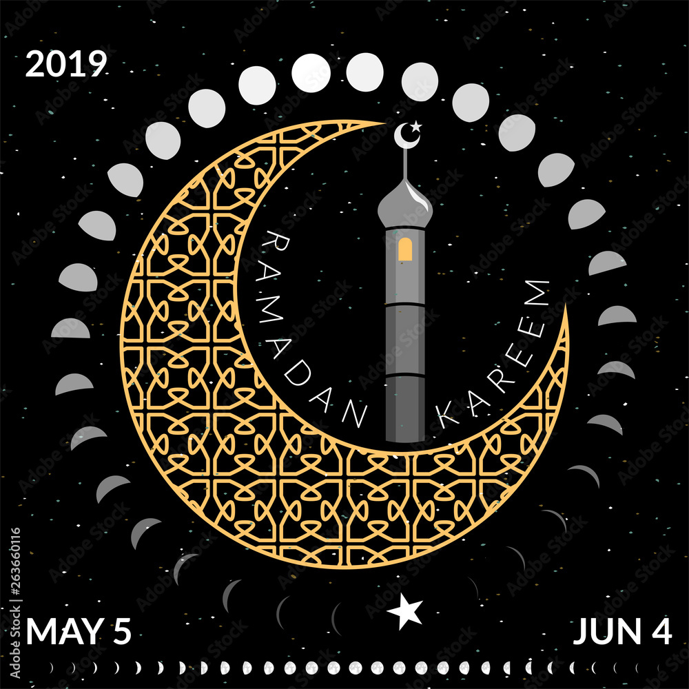 Ramadan kareem crescent moon phases and mosque dome with arabic pattern ...