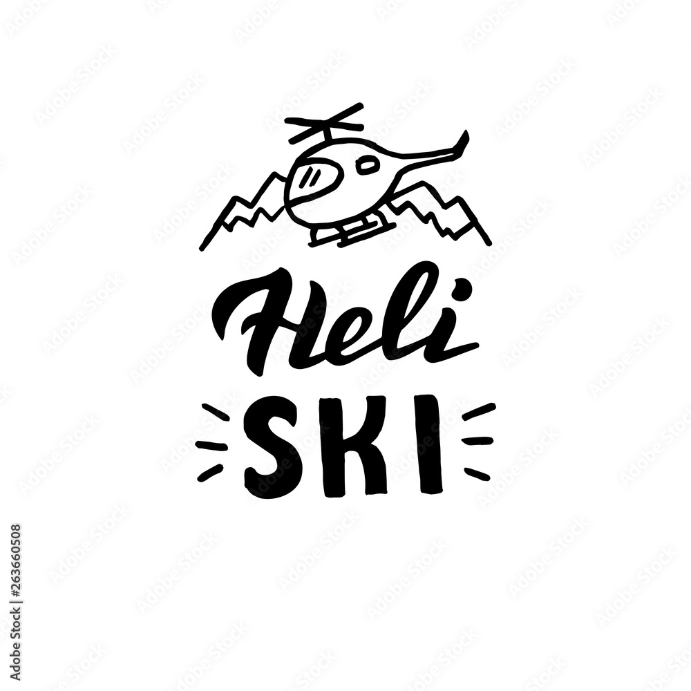 Hand written heli ski logo. Vector banner for mountain freeride sport.