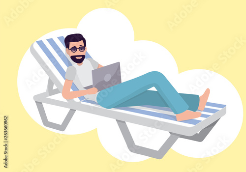 Freelancer Lying On A Sunbed and works with laptop.Vector design.