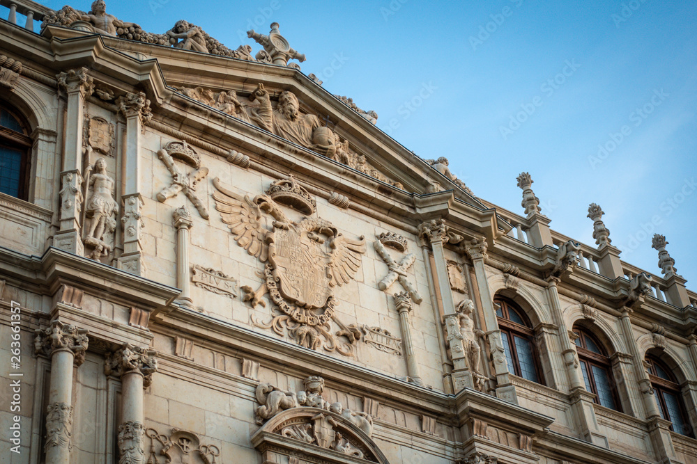 Detail of the facade of Colegio Mayor de San Ildefonso in , the main building of the Alcala de Henares University. The University and Historic Precinct of Alcala de Henares in Madrid is declared a