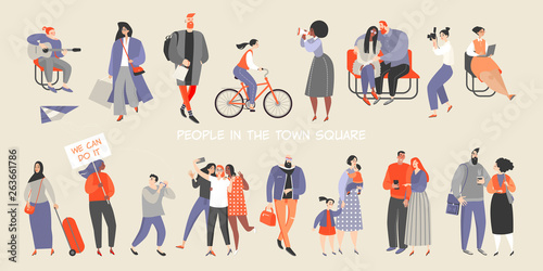 A set of people spending time in the town square. Cartoon characters sit on the benches, go shopping, ride a bike, go for a walk, meet friends, take selfies, play the guitar, make announcements.
