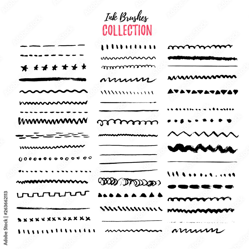 Obraz premium Hand drawn ink borders set, unique swirls, dividers collection. Artistic hand drawn thin brushes. Isolated elements.