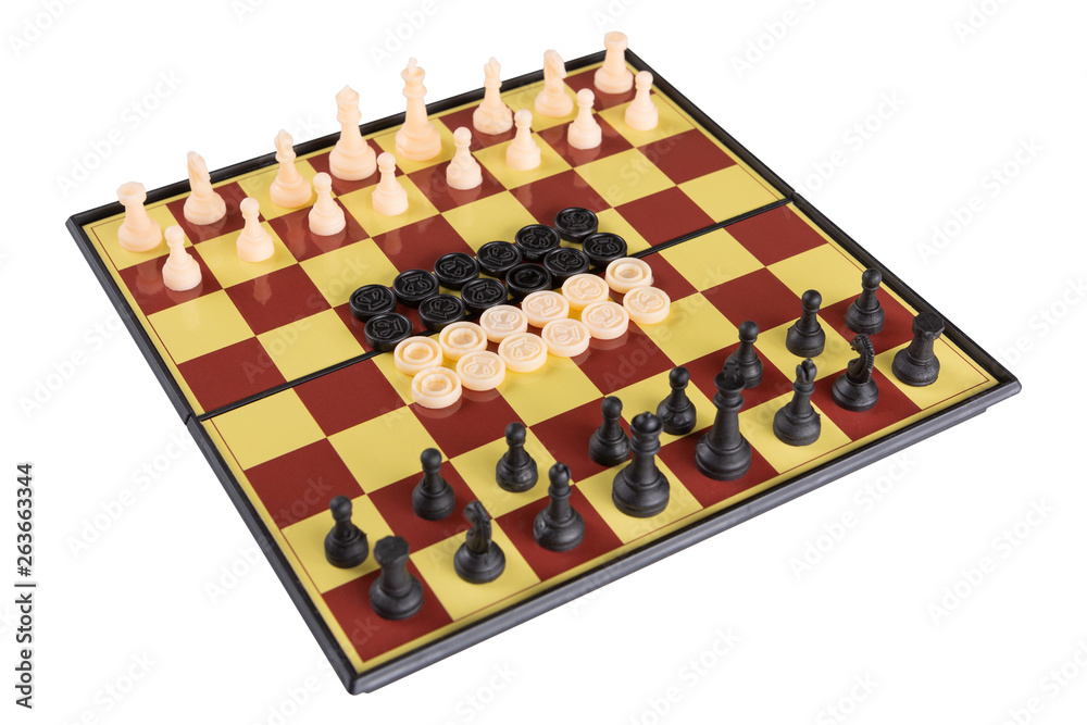 chess and checkers on a brown chessboard, on a white background, isolate chess and checkers on a brown chessboard, on a white background, isolate