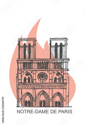 Notre Dame de Paris Cathedral on fire. Illustration in the style of hand drawing