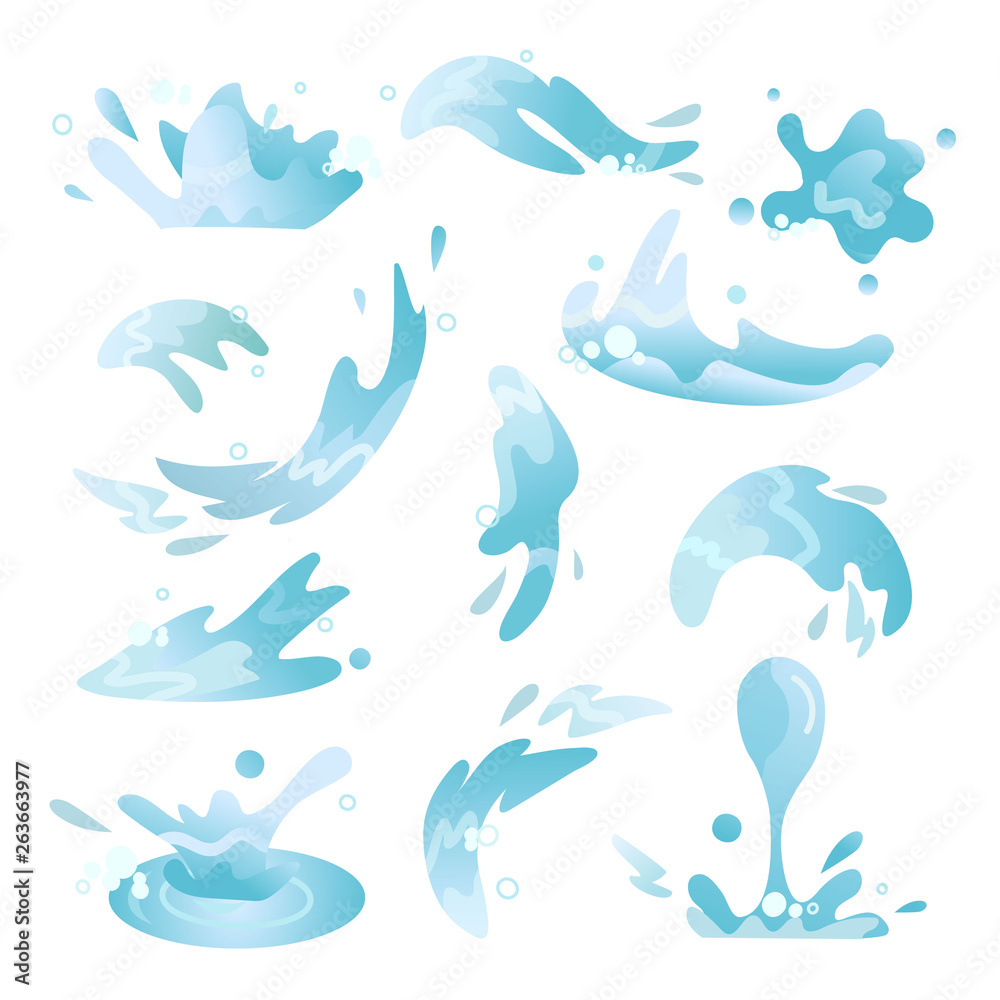 Fototapeta premium Water splashes collection blue waves wavy symbols