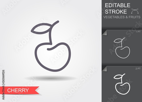 Single cherry with a leaf, isolated vector illustration with editable stroke