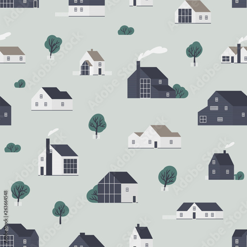 Seamless pattern with wooden country houses, town cottages, dwelling in Scand...