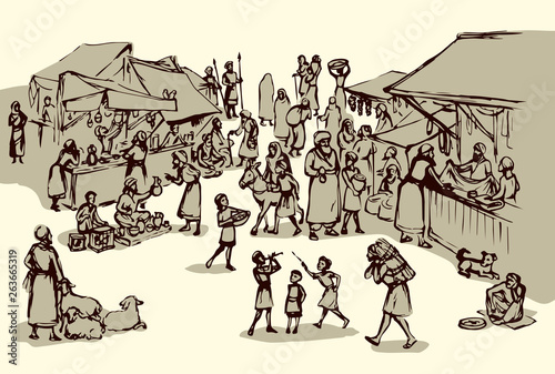 Old eastern market. Vector drawing