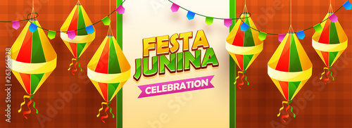 Festa Junina Celebration header or banner design decorated with lanterns and bunting flags.