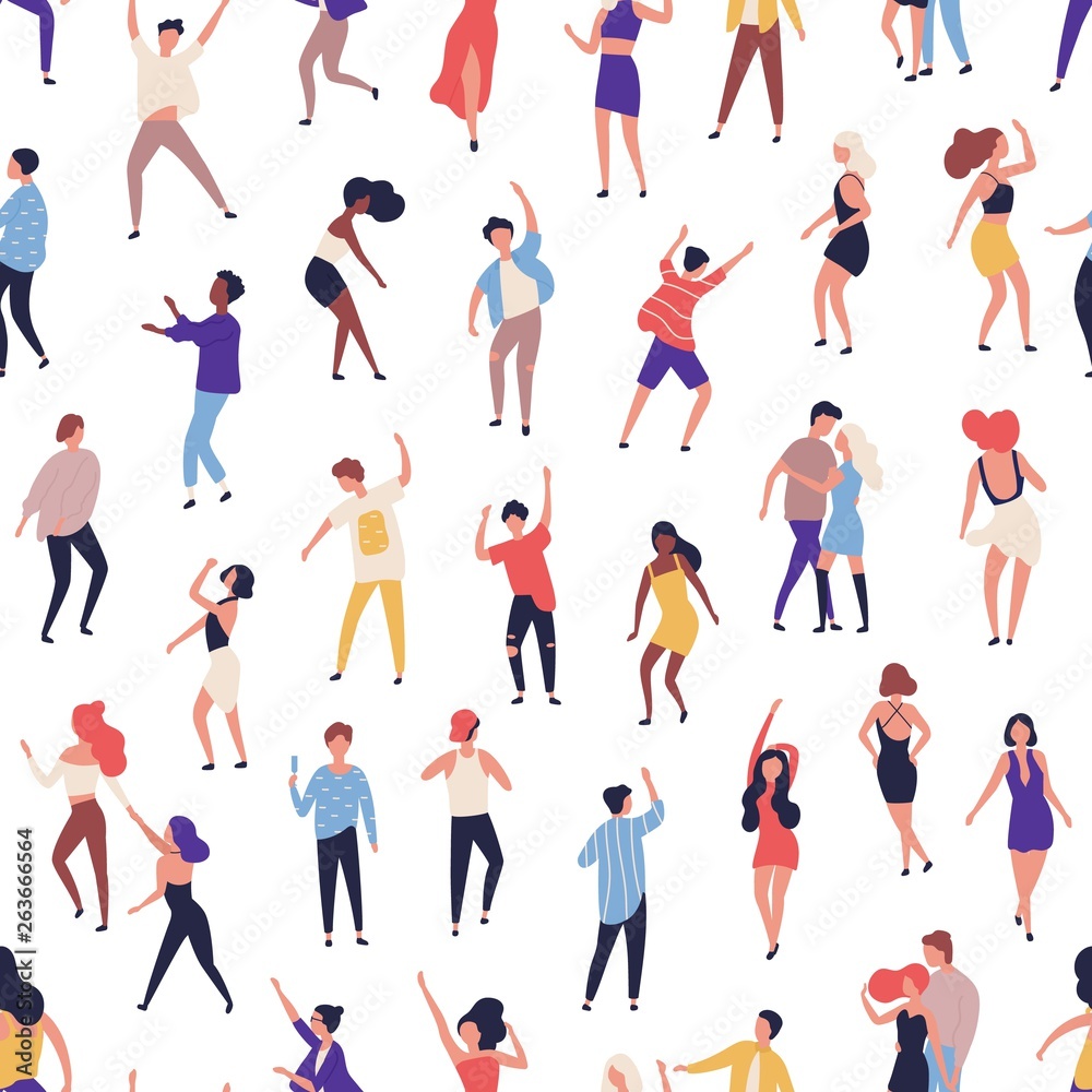 Seamless pattern with tiny people dancing on dance floor at night club on white background. Backdrop with happy of men and women having fun at party. Flat vector illustration for wrapping paper.