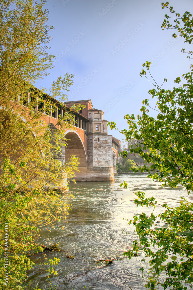 Particolare del ponte coperto sul fiume Ticino a Pavia