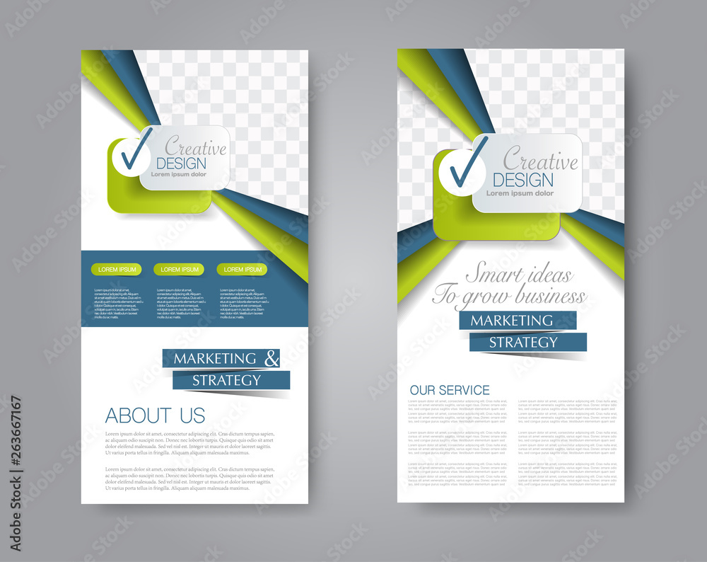 Skinny flyer or leaflet design. Set of two side brochure template or banner. Vector illustration. Blue and green color. Skinny flyer or leaflet design. Set of two side brochure template or banner. Vector illustration. Blue and green color.
