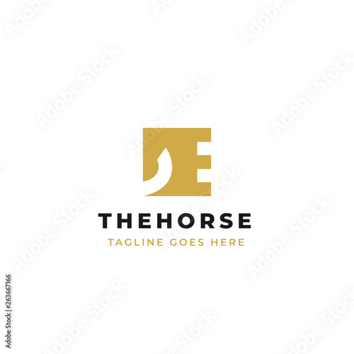 Horse head logo design in square shape. letter E symbol icon design.