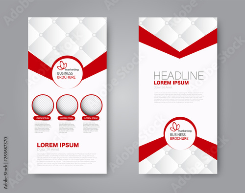 Flyer template. Vectical banner design. Modern abstract two side brochure background. Vector illustration. Red color.