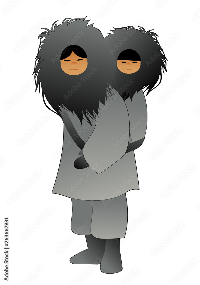 Eskimo mother with son behind her back, wearing fur clothes, isolated on white background Eskimo mother with son behind her back, wearing fur clothes, isolated on white background