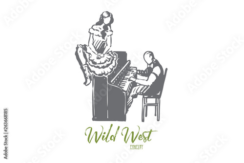 Wild, west, woman, piano, romance concept. Hand drawn isolated vector.