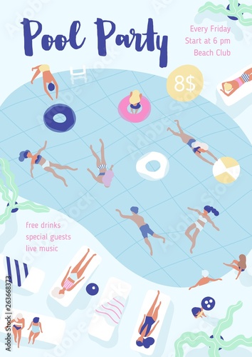 Flyer, poster, party invitation template with people dressed in swimwear swimming and diving in pool, lying on sunloungers and sunbathing. Flat vector illustration for summer outdoor event promotion.