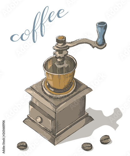 Manual coffee grinder. Vector hand drawn poster.
