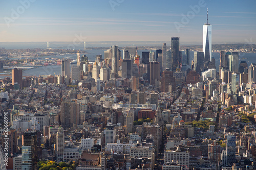 Aerial view of the Lower East Side of Manhattan with Brooklyn in the background