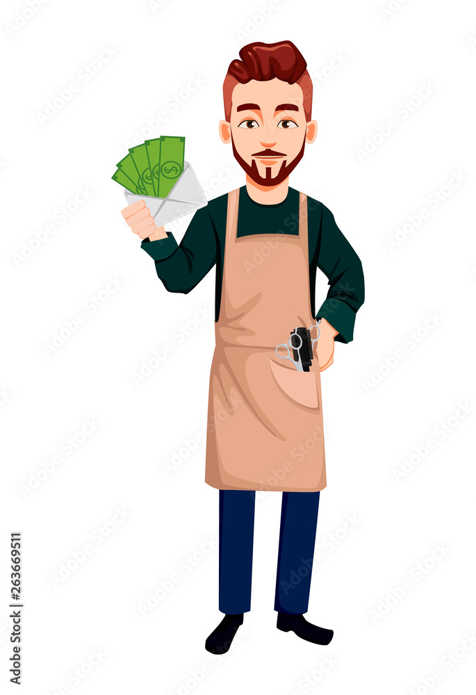 Barber man in hipster style holding money