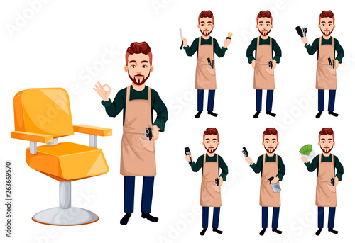 Barber man in hipster style, set of seven poses