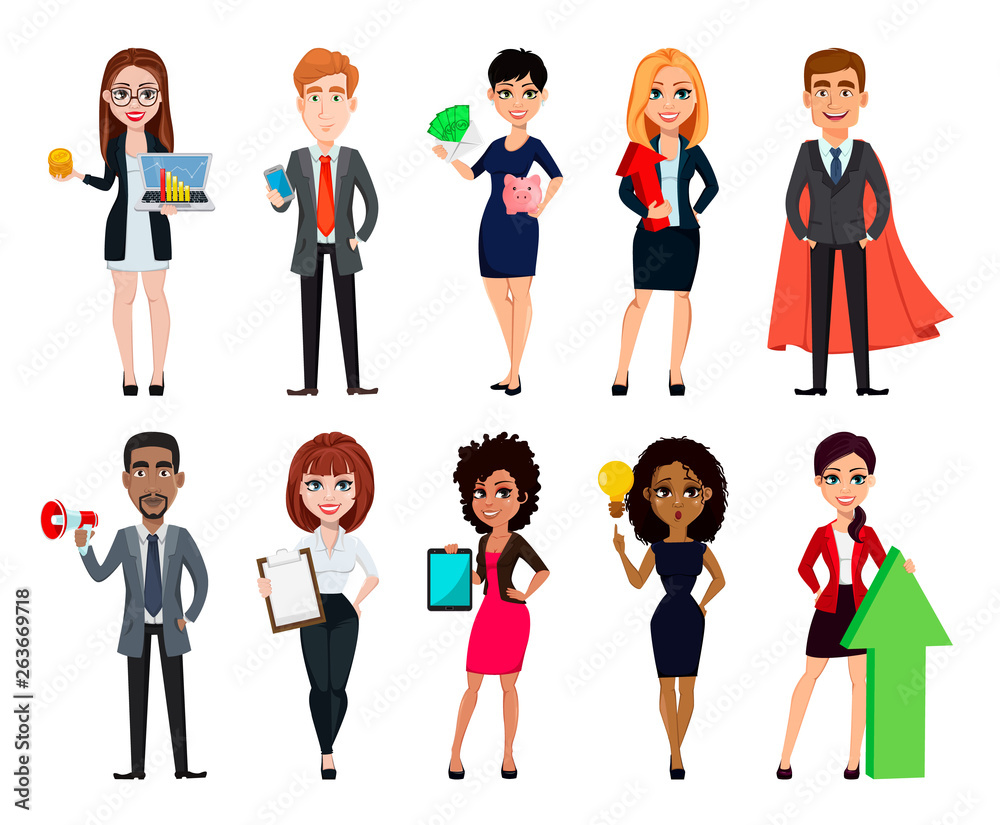 Business people, set of ten cartoon characters