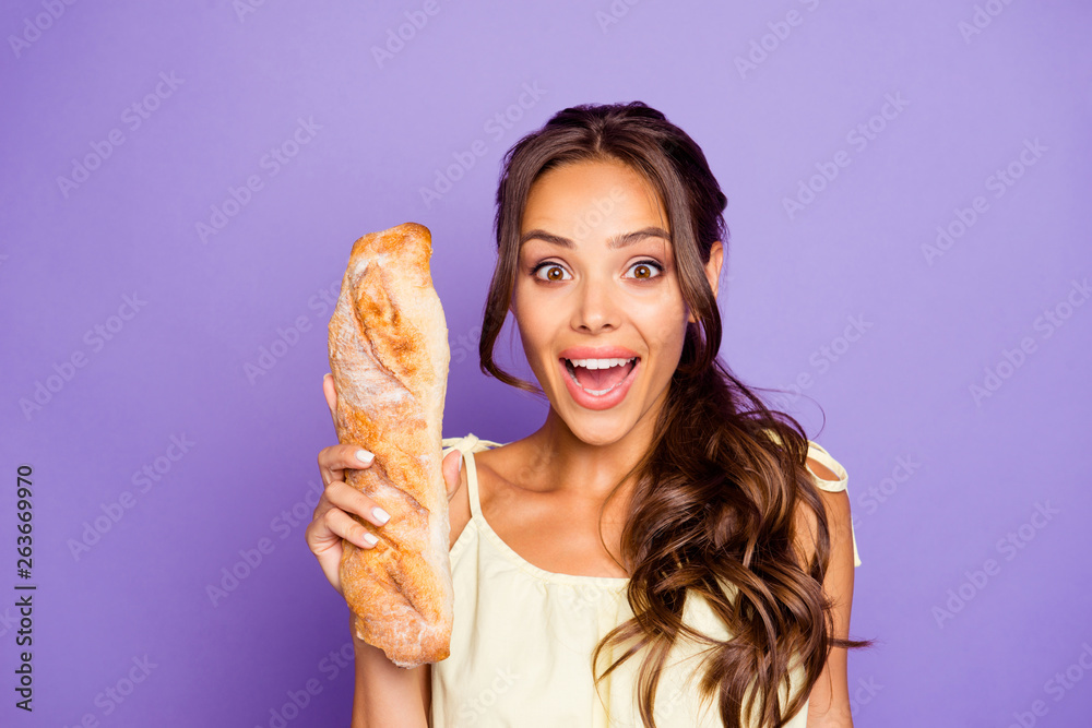 Closeup photo portrait of funny funky charming nice glad positive she her lady holding long white with cereal in hand isolated violet background Closeup photo portrait of funny funky charming nice glad positive she her lady holding long white with cereal in hand isolated violet background