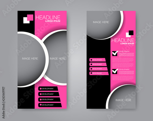 Flyer template. Vectical banner design. Modern abstract two side brochure background. Vector illustration. Pink and black color.