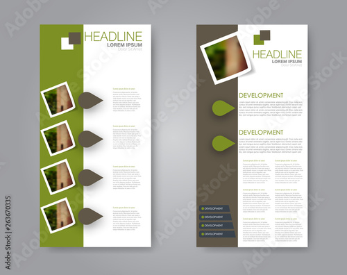 Flyer template. Vectical banner design. Modern abstract two side brochure background. Vector illustration. Green and brown color.