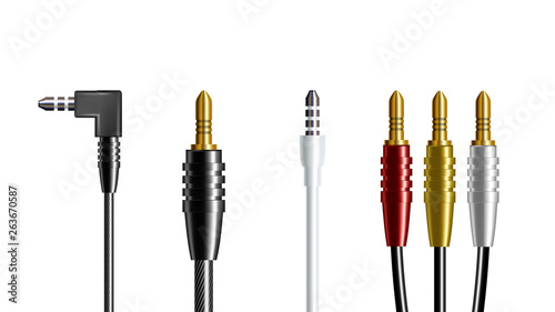 Realistic Audio Connector Headphone Plug Vector. Adapter Wire Electronic Speaker And Headphone Joint Communicate Smartphone Top View Isolated Image On White Background. 3d Illustration