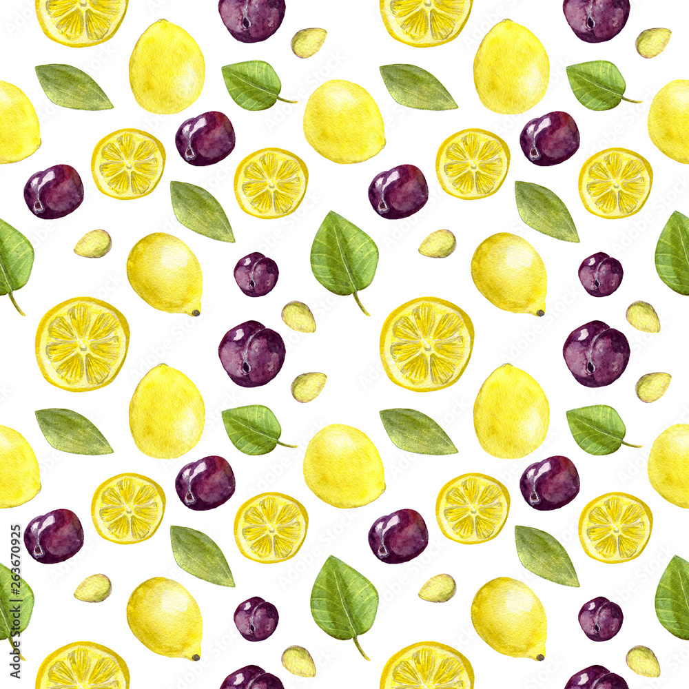 Watercolor fruit seamless pattern.Hand drawn illustration on a white background.