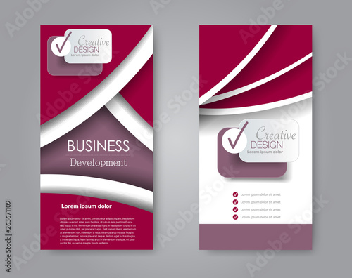 Flyer template. Vectical banner design. Modern abstract two side narrow brochure background. Vector illustration. Red color.