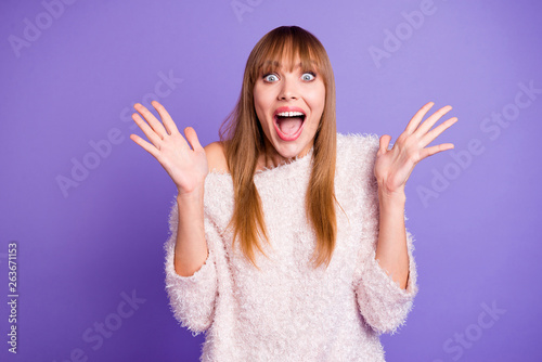 Portrait of her she nice-looking attractive winsome fascinating magnificent lovely cheerful crazy straight-haired lady showing amazement isolated on bright vivid shine violet purple background