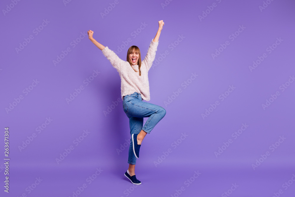 Full length body size view portrait of nice-looking attractive lovely cheerful cheery straight-haired lady having fun raising hands up isolated on bright vivid shine violet purple background