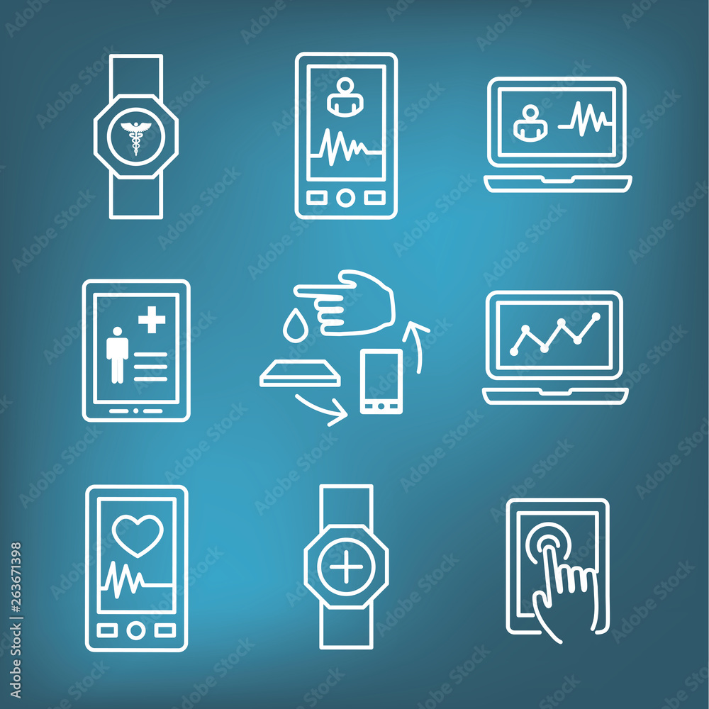 Digital Health Icon Set with Wearable Technology Web Header Banner Digital Health Icon Set with Wearable Technology Web Header Banner
