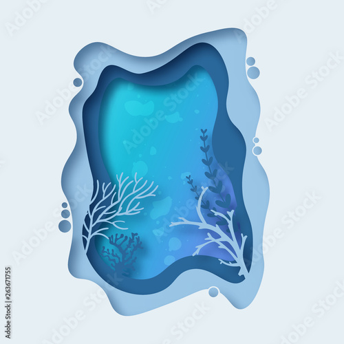 Aquarium environment abstract paper cut vector origami design. 3d paper art underwater life
