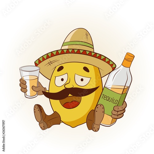Cartoon lemon in a sombrero and boots drinking tequila. Vector illustration