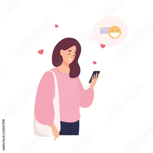 Cute happy girl holding cellphone, using mobile dating application to chat or sending romantic message. Woman with smartphone searching for romantic partner online. Flat cartoon vector illustration.