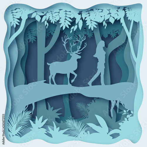 Forest environment, paper cut abstract. A deer follows a woman, 3d paper art vector origami design 
