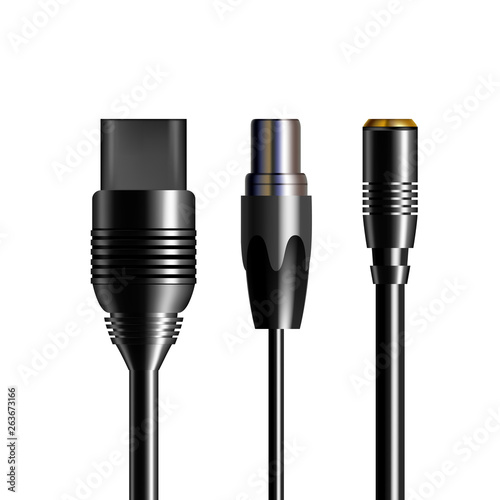 Realistic Plug Audio Video Equipment Set Vector. Electricity Connective Cable Or Audio Stereo Extension Cord Jack Socket Top View Isolated Image On White Background. 3d Illustration