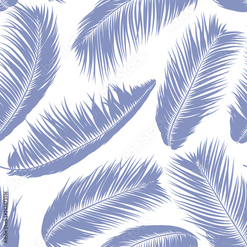 Blue Tropical Palm Tree Leaves. Vector Seamless Pattern. Simple Silhouette Coconut Leaf Sketch. Summer Floral Background. Wallpaper of Exotic Palm Tree Leaves for Textile, Fabric, Cloth Design, Print.